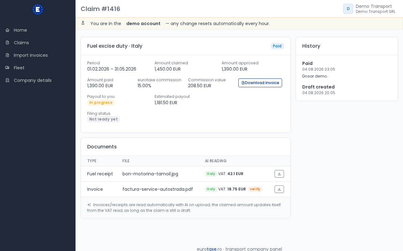 Claim detail with documents and history